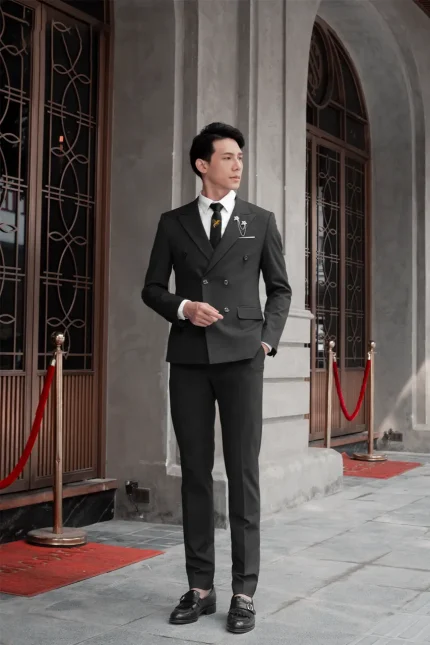 Bộ Vest Nam Xám Kẻ Đậm